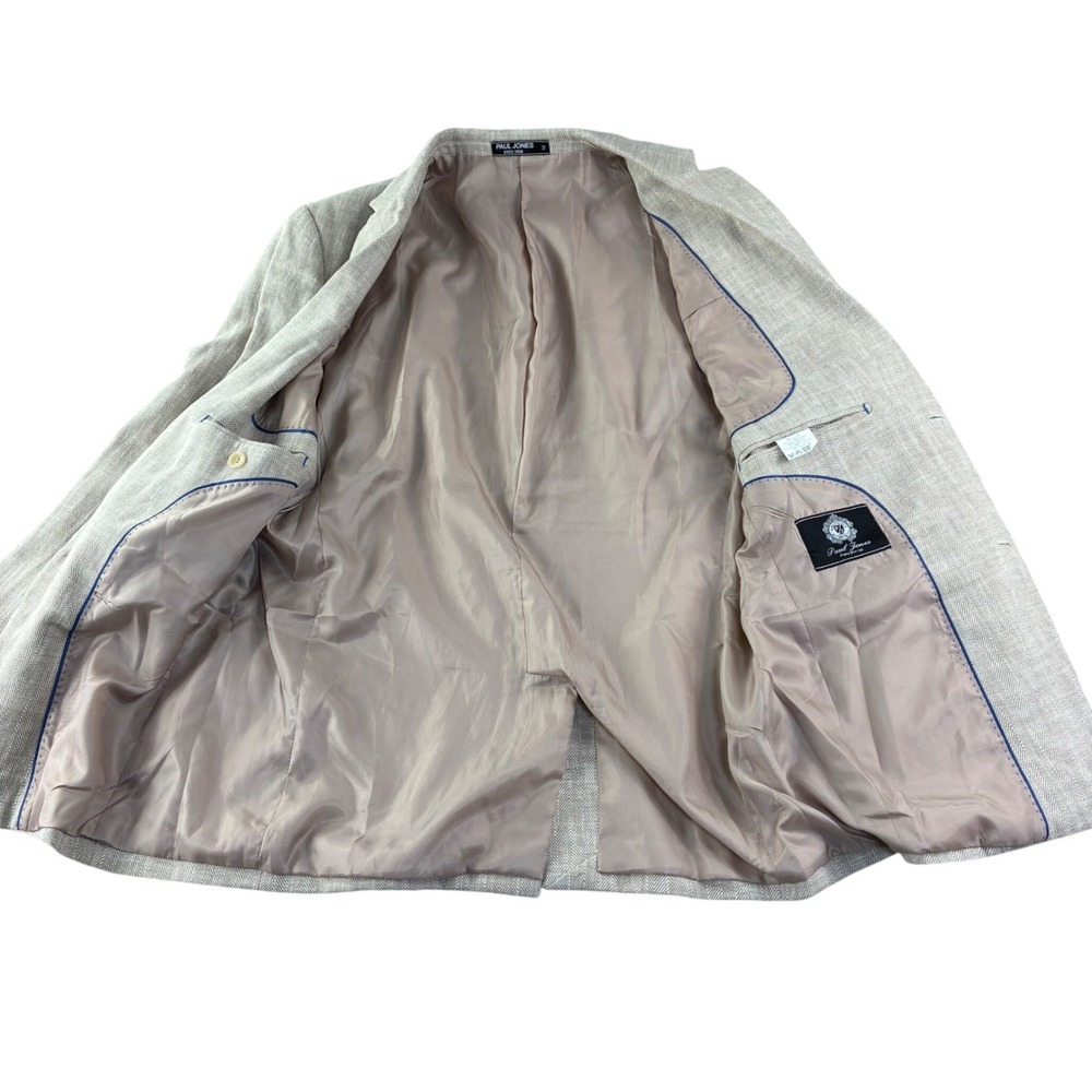 Paul Jones Blazer Mens M Beige Herringbone Linen Sport Coat Sophisticated Travel - Picture 3 of 11